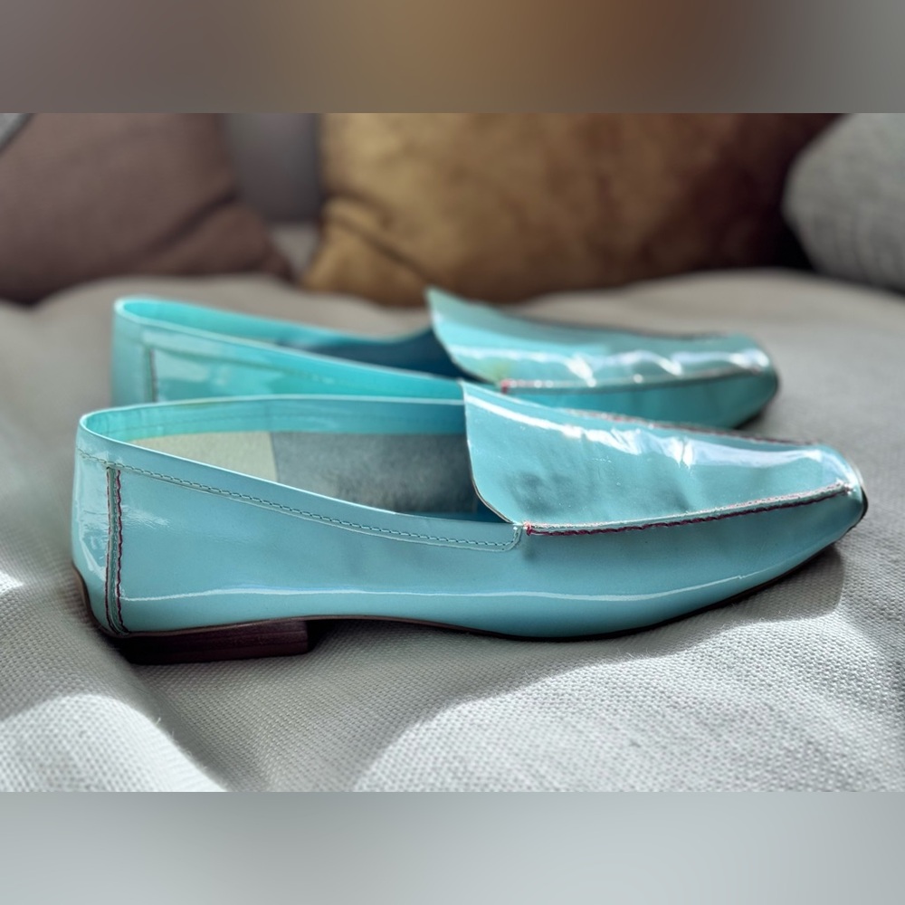 FRANCIS VALENTINE Aqua Patent Leather Square Toe Loafers Size 7B Made in Italy